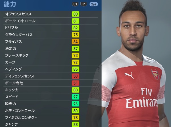 アーセナルの主軸選手、『ウイイレ2019』での能力と顔はこんな感じ｜写真64