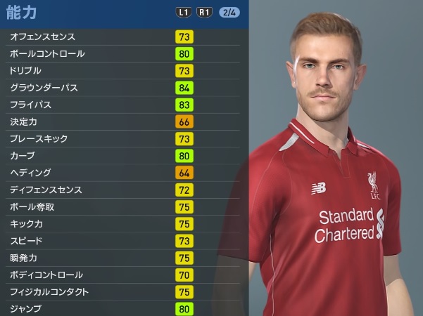 リヴァプールの主軸選手、『ウイイレ2019』での能力と顔はこんな感じ｜写真46