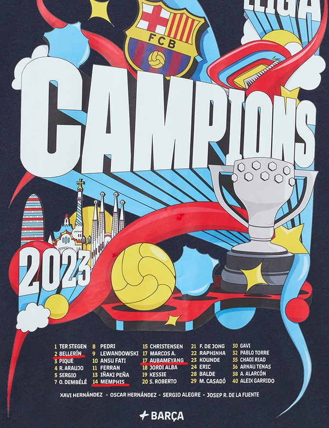 バルセロナの優勝記念Tシャツ、8分で去ったオーバメヤングがいると話題に｜写真3