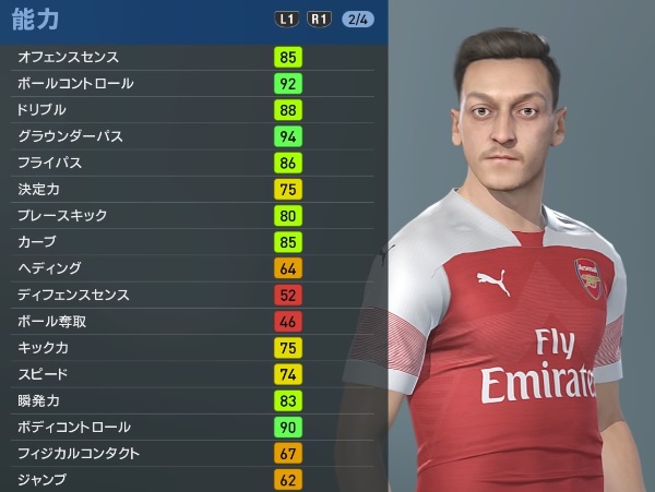 アーセナルの主軸選手、『ウイイレ2019』での能力と顔はこんな感じ｜写真48