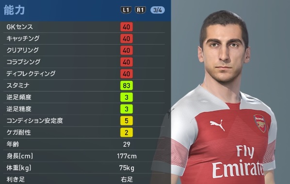 アーセナルの主軸選手、『ウイイレ2019』での能力と顔はこんな感じ｜写真45