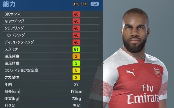 アーセナルの主軸選手、『ウイイレ2019』での能力と顔はこんな感じ｜写真61