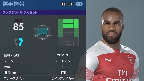 アーセナルの主軸選手、『ウイイレ2019』での能力と顔はこんな感じ｜写真59