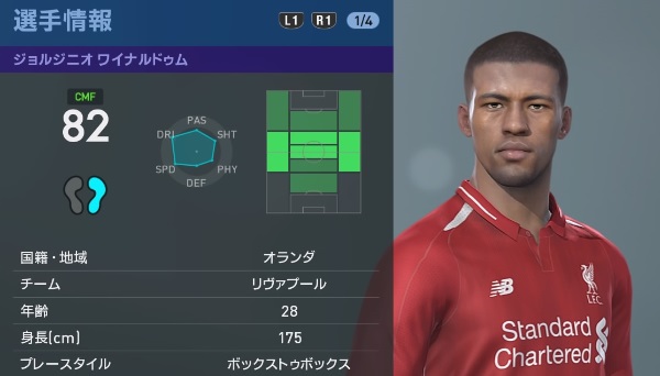 リヴァプールの主軸選手、『ウイイレ2019』での能力と顔はこんな感じ｜写真37