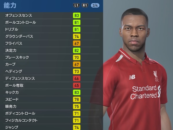 リヴァプールの主軸選手、『ウイイレ2019』での能力と顔はこんな感じ｜写真58