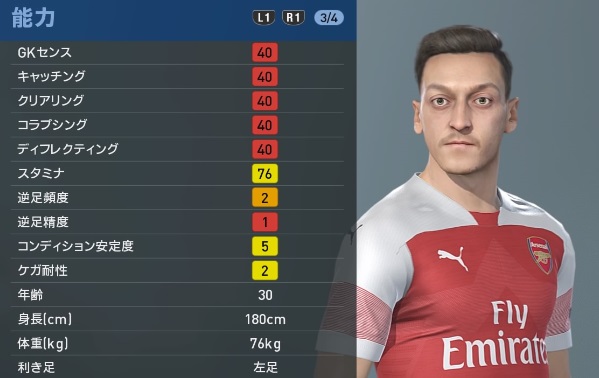 アーセナルの主軸選手、『ウイイレ2019』での能力と顔はこんな感じ｜写真49